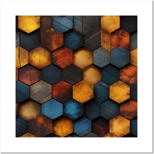 Geometric Timber: Crystalline Hexagons in Amber and Blue Posters and Art